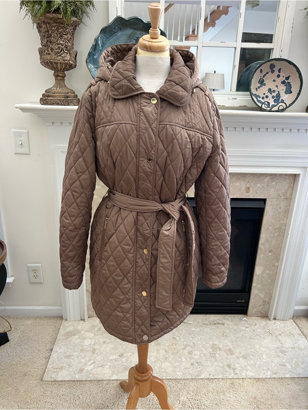 Michael Kors Taupey Tan Diamond Quilted Tie-Waist Puffer Coat
